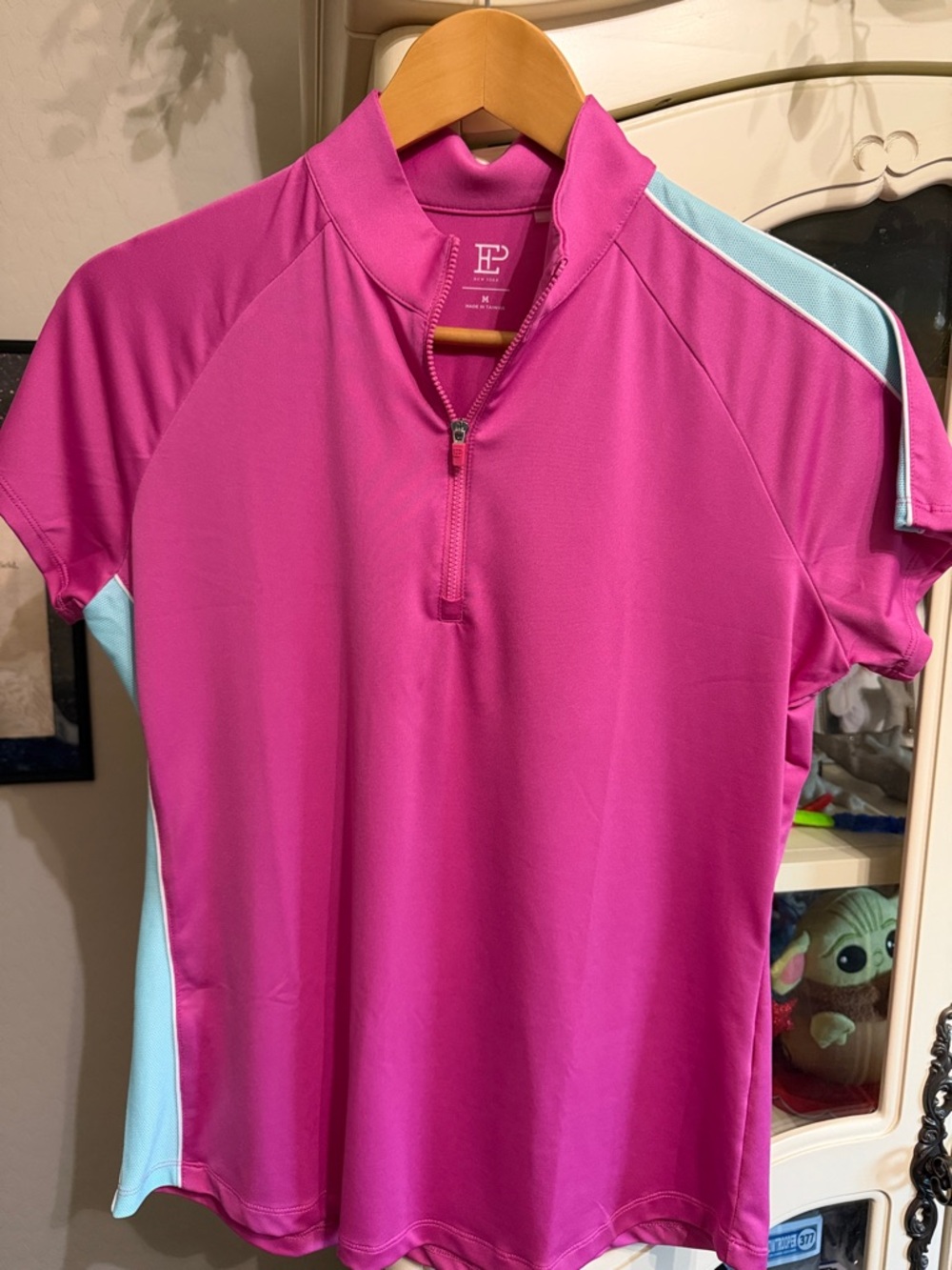 Pink Athletic Zip-Front Top with Light Blue Accents